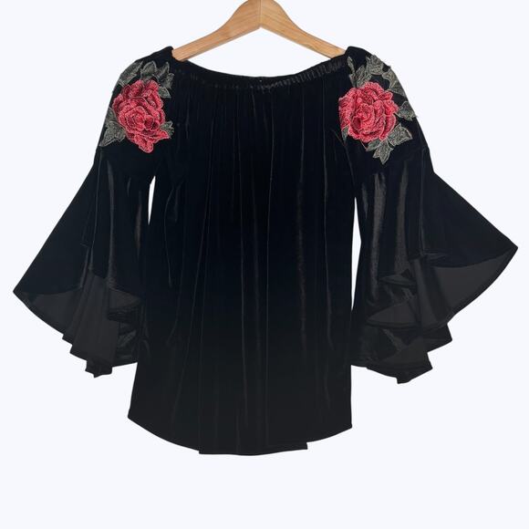 Scoop Neck Bell Sleeve Velvet Top Embroidered Rose Women's S Whimsygoth Boho - Picture 1 of 9